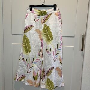 Cynthia Rowley 100% Linen Wide Leg Cropped Pants Tropical Leaf Print Women Med
